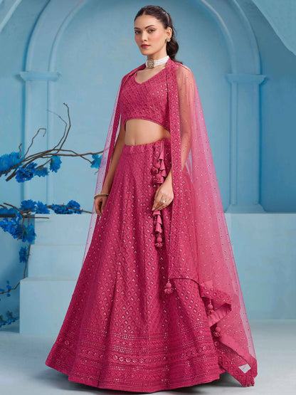 Rosy Pink Party Wear Lehenga With Sequins Embroidery Work And Dupatta