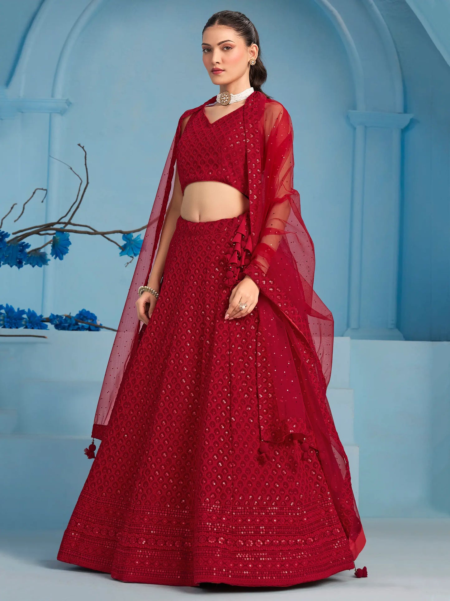 Red Party Wear Lehenga With Sequins Embroidery Work And Dupatta