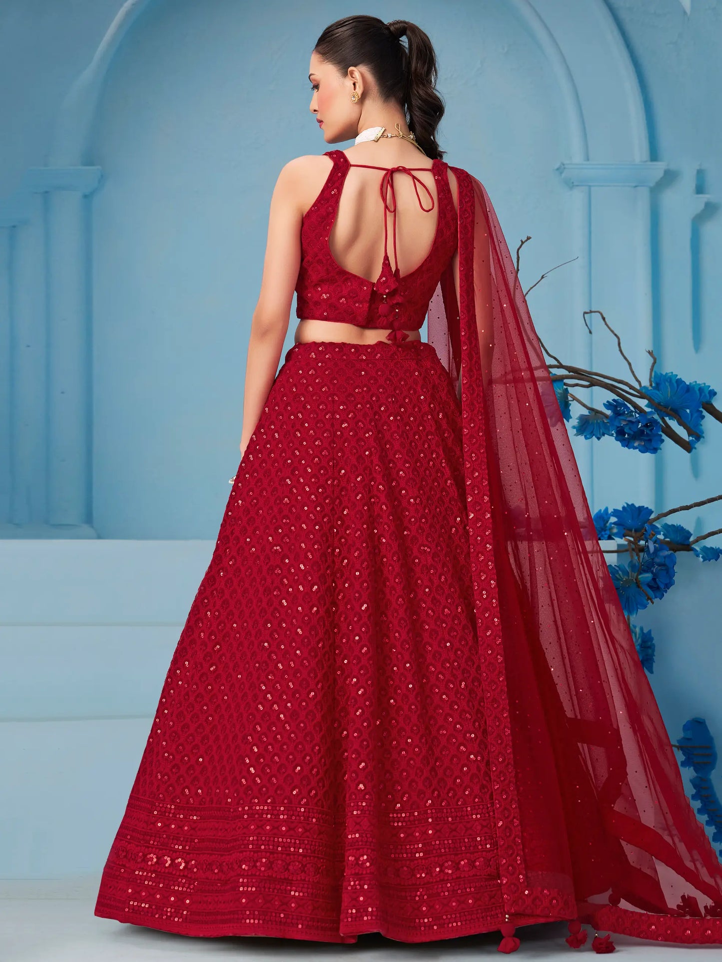 Red Party Wear Lehenga With Sequins Embroidery Work And Dupatta