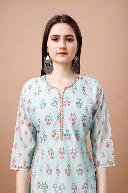 Sky- Blue Cotton Kurta - Guldori