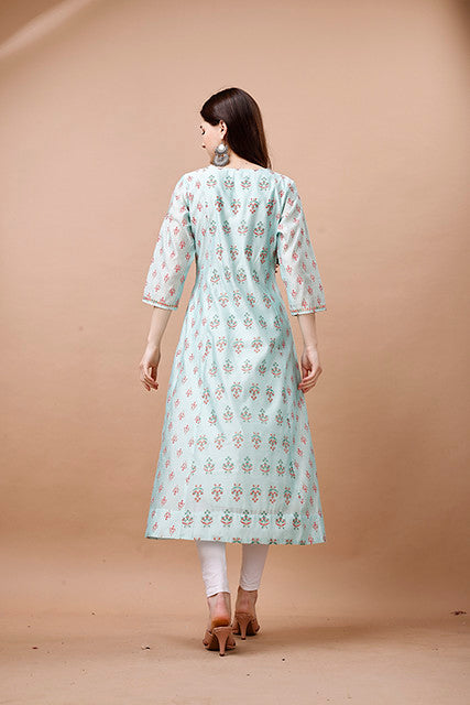 Sky- Blue Cotton Kurta - Guldori