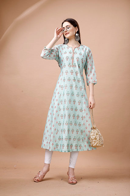 Sky- Blue Cotton Kurta - Guldori