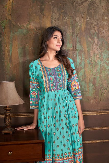 Turquoise Cotton Kurta - Guldori