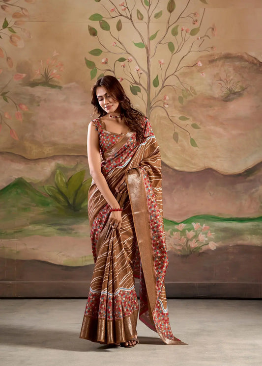 Brown Dola Silk Printed Saree With Zari Border