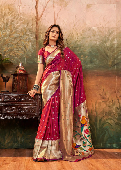 Maroon Paithani Silk Saree with Woven Border & Pallu