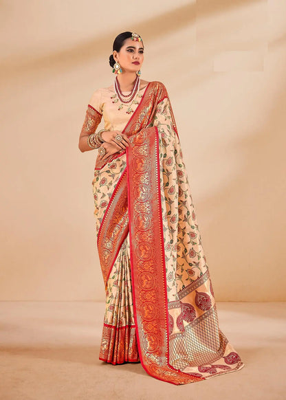 Cream Dharmavaram Tissue Silk Saree with Zari Weaving & Contrast Border