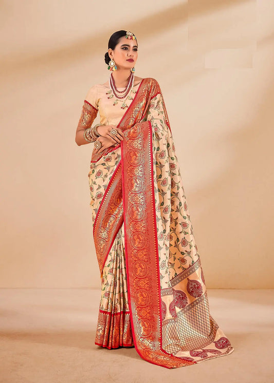 Cream Dharmavaram Tissue Silk Saree with Zari Weaving & Contrast Border