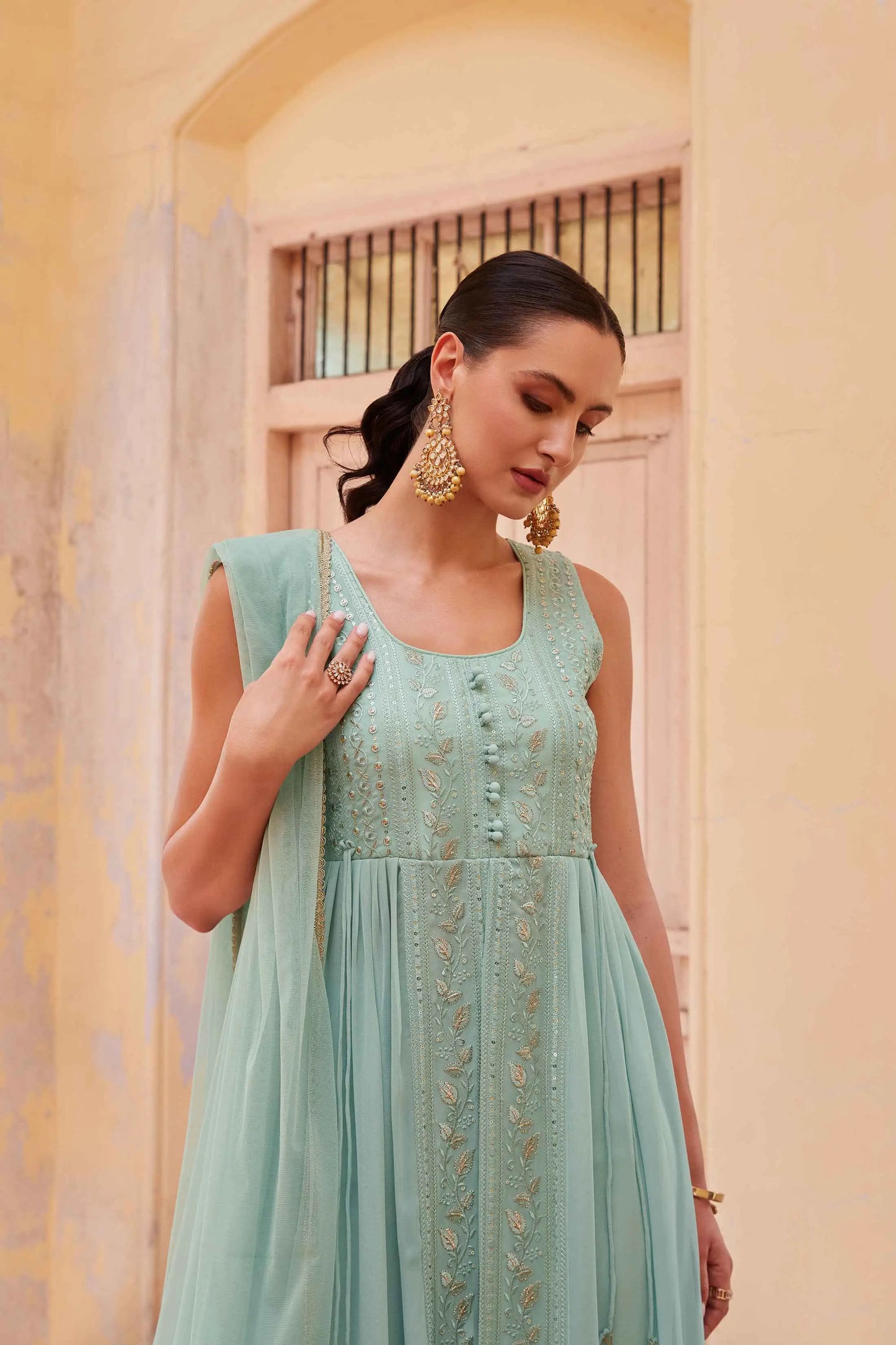 Firozi Embellished With Thread Sequins Embroidery Work Indo Western With Dupatta