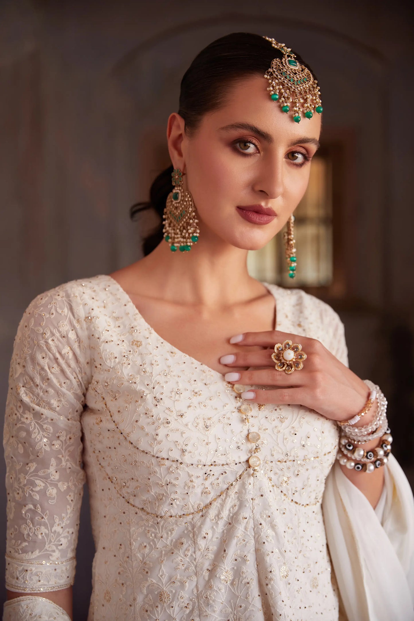 Off White Thread Sequins Embroidery Work Georgette Indo Western With Dupatta