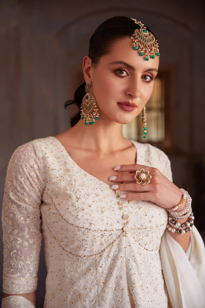 Off White Thread Sequins Embroidery Work Georgette Indo Western With Dupatta