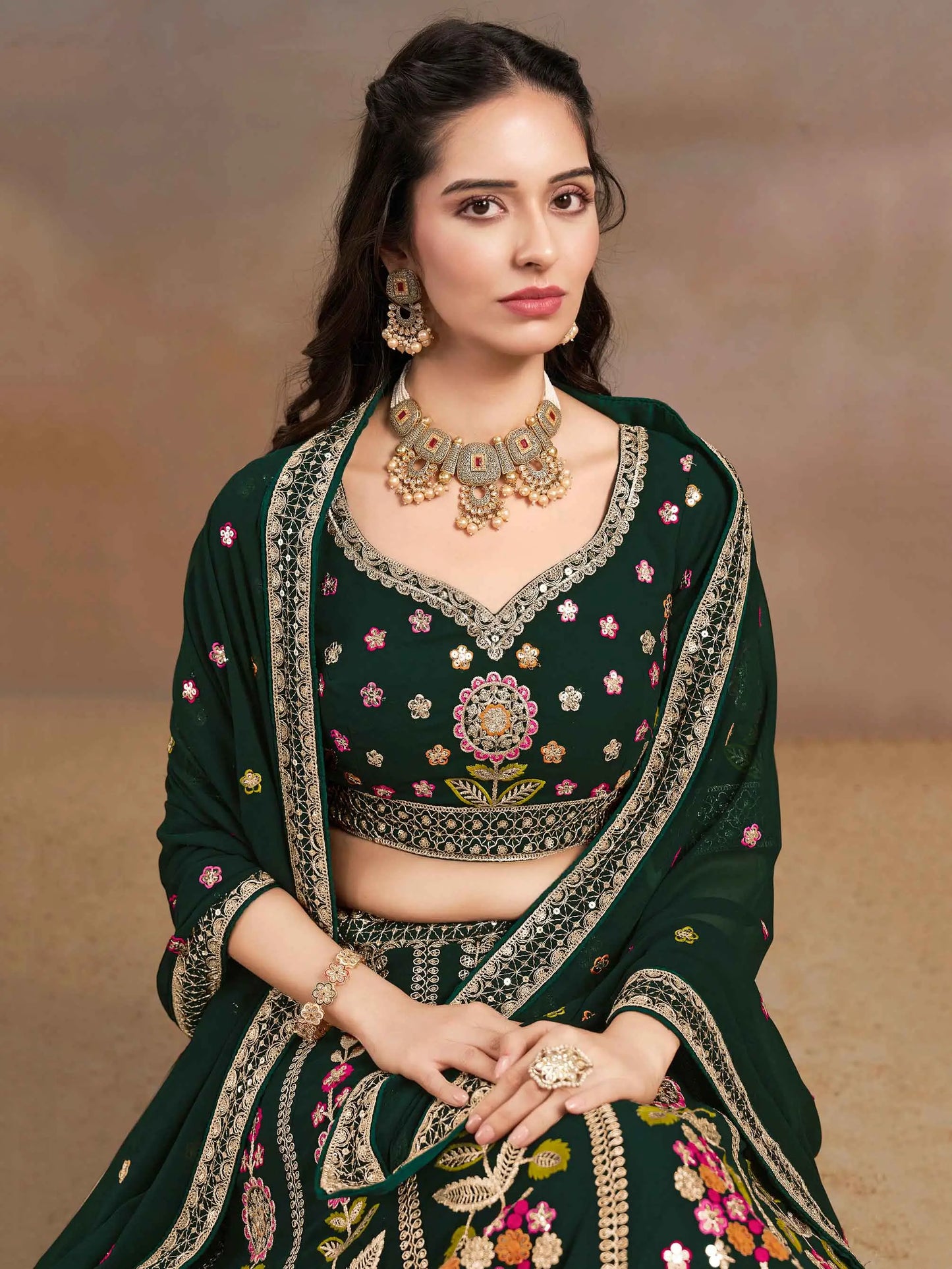 Dark Green Georgette Lehenga With Dori Zari Thread & Sequins Embroidery Work