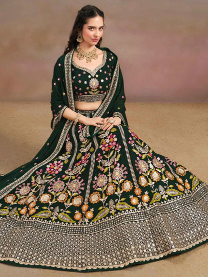 Dark Green Georgette Lehenga With Dori Zari Thread & Sequins Embroidery Work