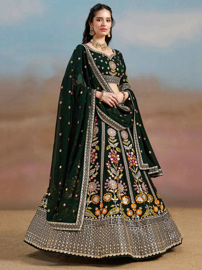 Dark Green Georgette Lehenga With Dori Zari Thread & Sequins Embroidery Work