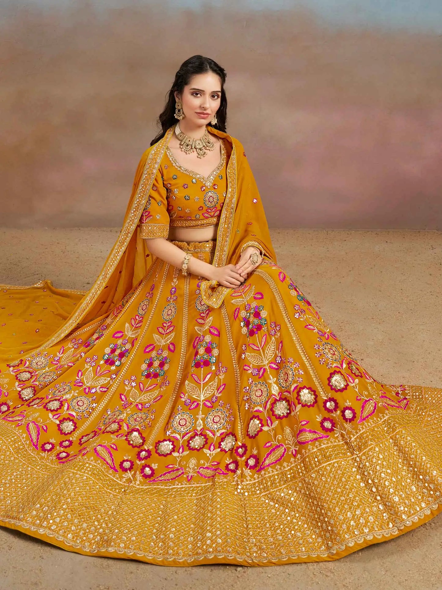Yellow Georgette Lehenga With Dori Zari Thread & Sequins Embroidery Work