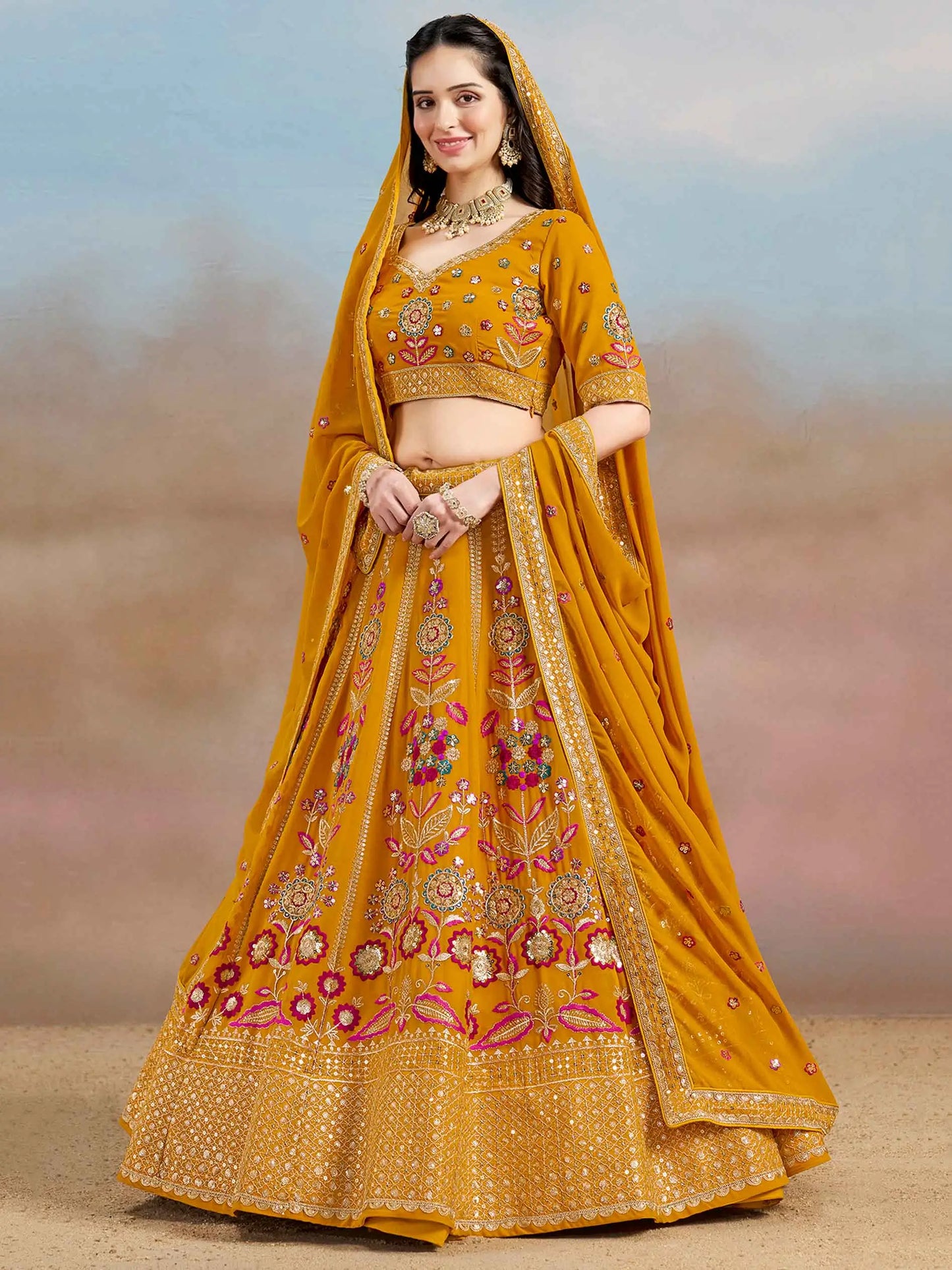 Yellow Georgette Lehenga With Dori Zari Thread & Sequins Embroidery Work