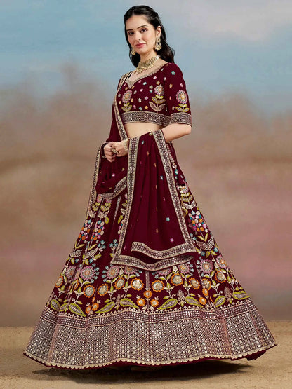 Maroon Georgette Lehenga With Dori Zari Thread & Sequins Embroidery Work