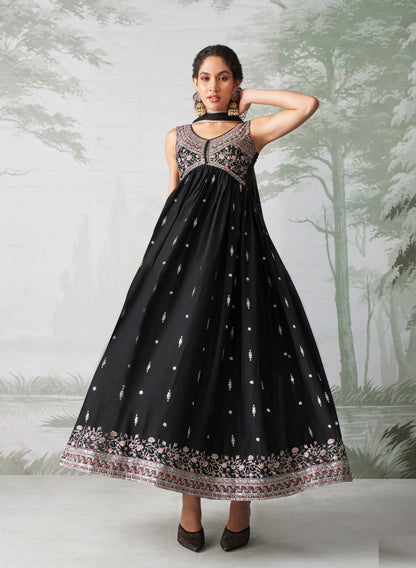 Black Multi Thread Embroidered Georgette Anarkali Gown With Dupatta