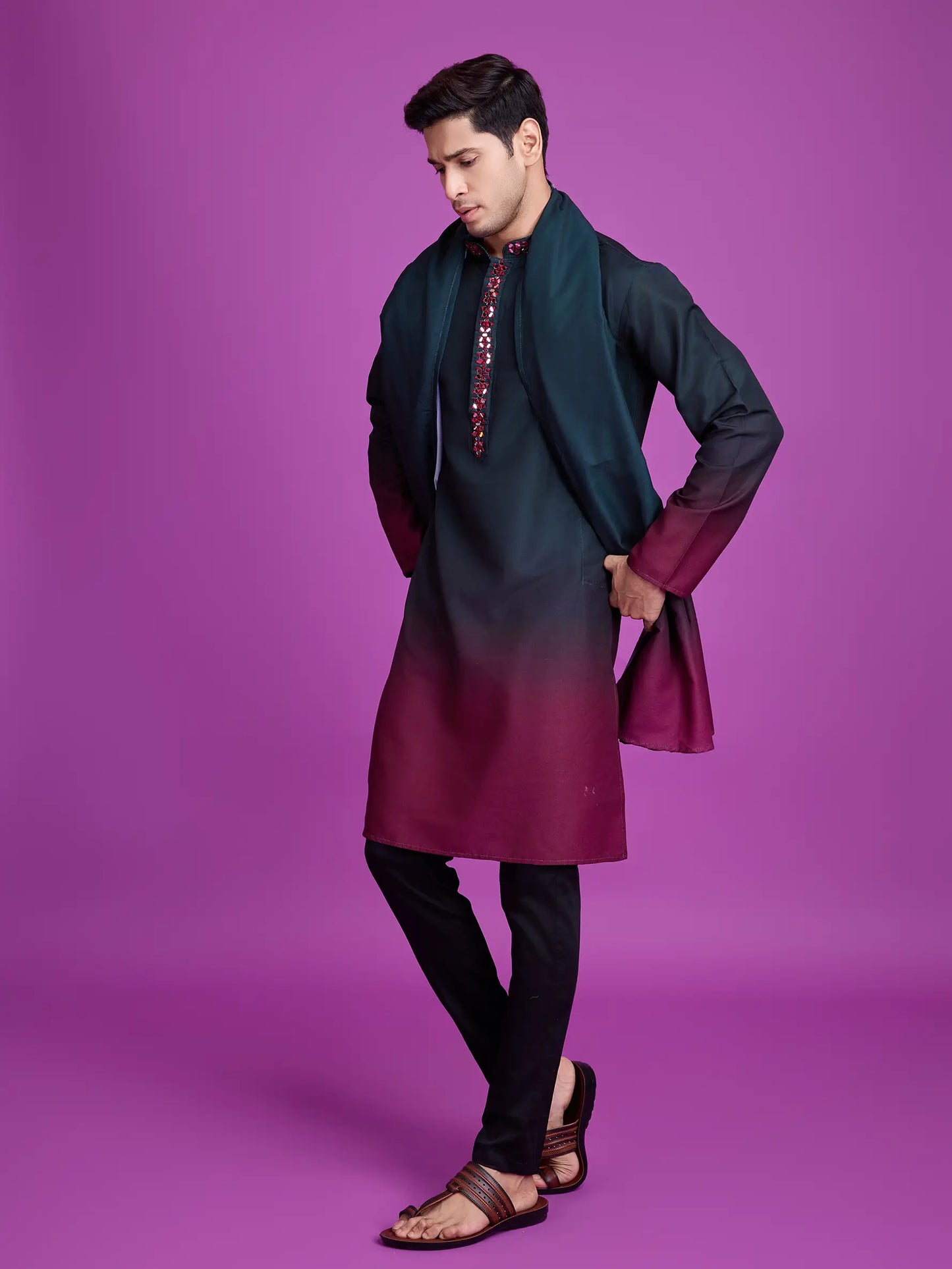Green & Maroon Rayon Kurta With Hand Mirror Work