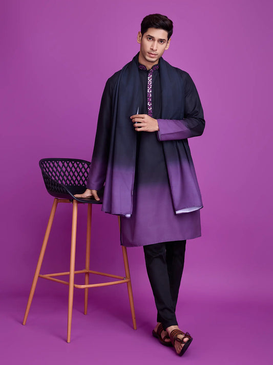 Black & Dusty Purple Rayon Kurta With Hand Mirror Work