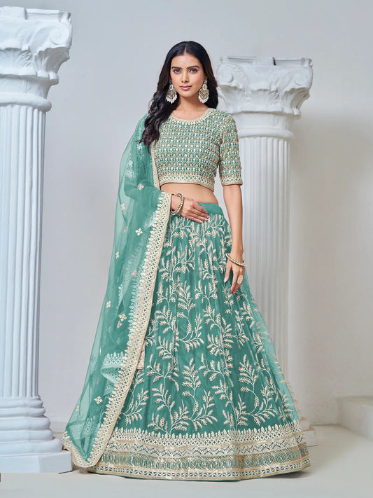 Aqua Blue Net Lehenga Choli With Thread & Sequence Embroidery Work