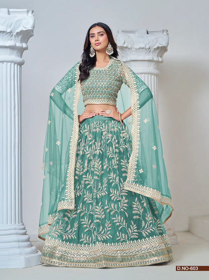 Aqua Blue Net Lehenga Choli With Thread & Sequence Embroidery Work