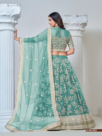 Aqua Blue Net Lehenga Choli With Thread & Sequence Embroidery Work