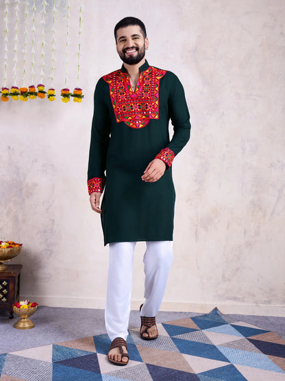 Green Rayon Kurta Embroidery With Mirror Work