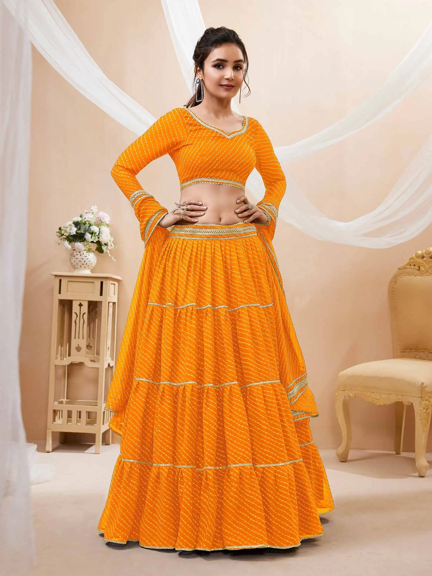 Yellow Georgette Leheriya Print Lehenga With Lace All Over Work