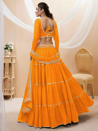 Yellow Georgette Leheriya Print Lehenga With Lace All Over Work