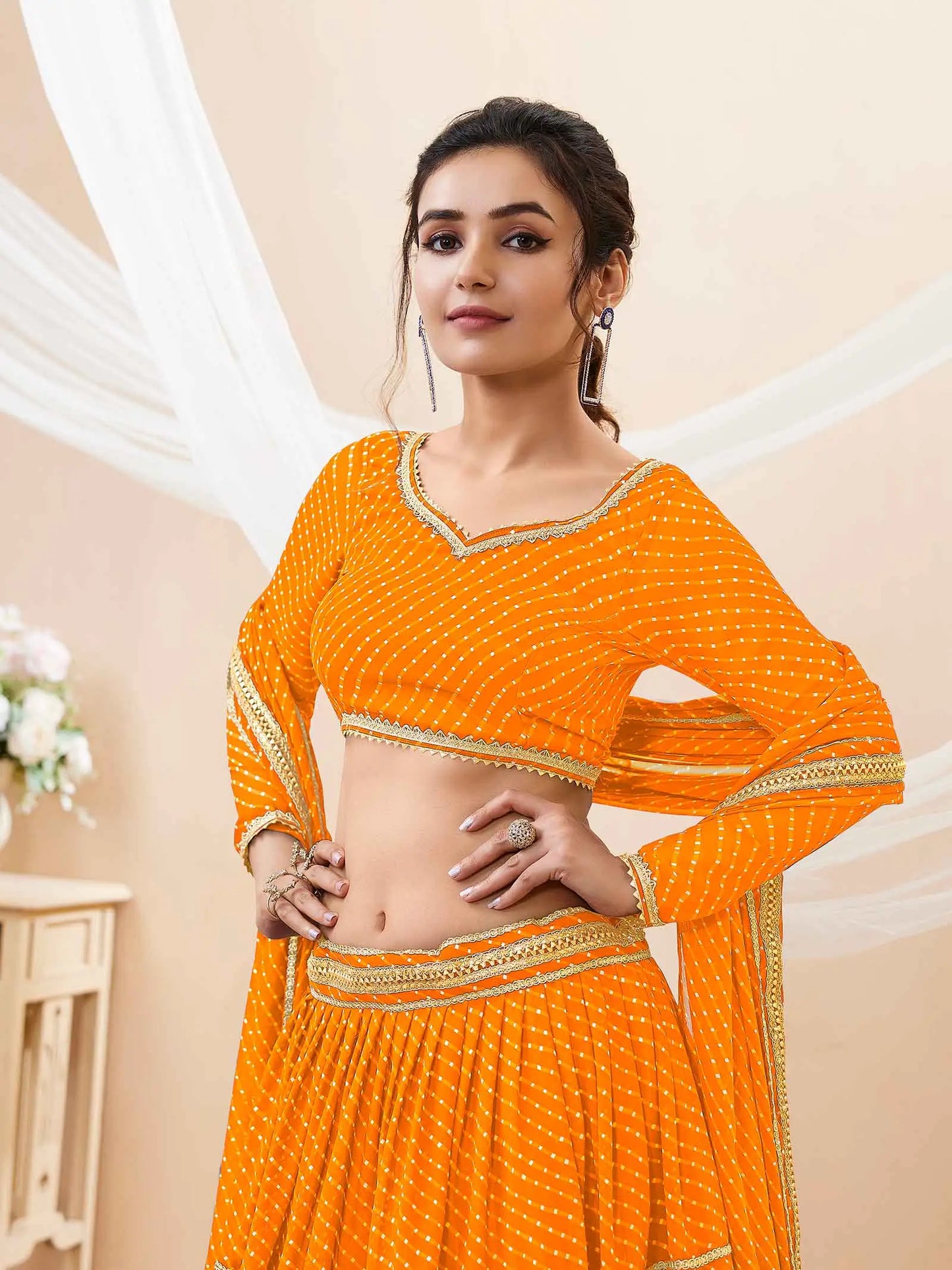 Yellow Georgette Leheriya Print Lehenga With Lace All Over Work