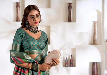 Dark Green Dola Silk Printed Saree with Fancy Zari Border