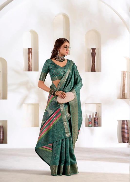 Dark Green Dola Silk Printed Saree with Fancy Zari Border