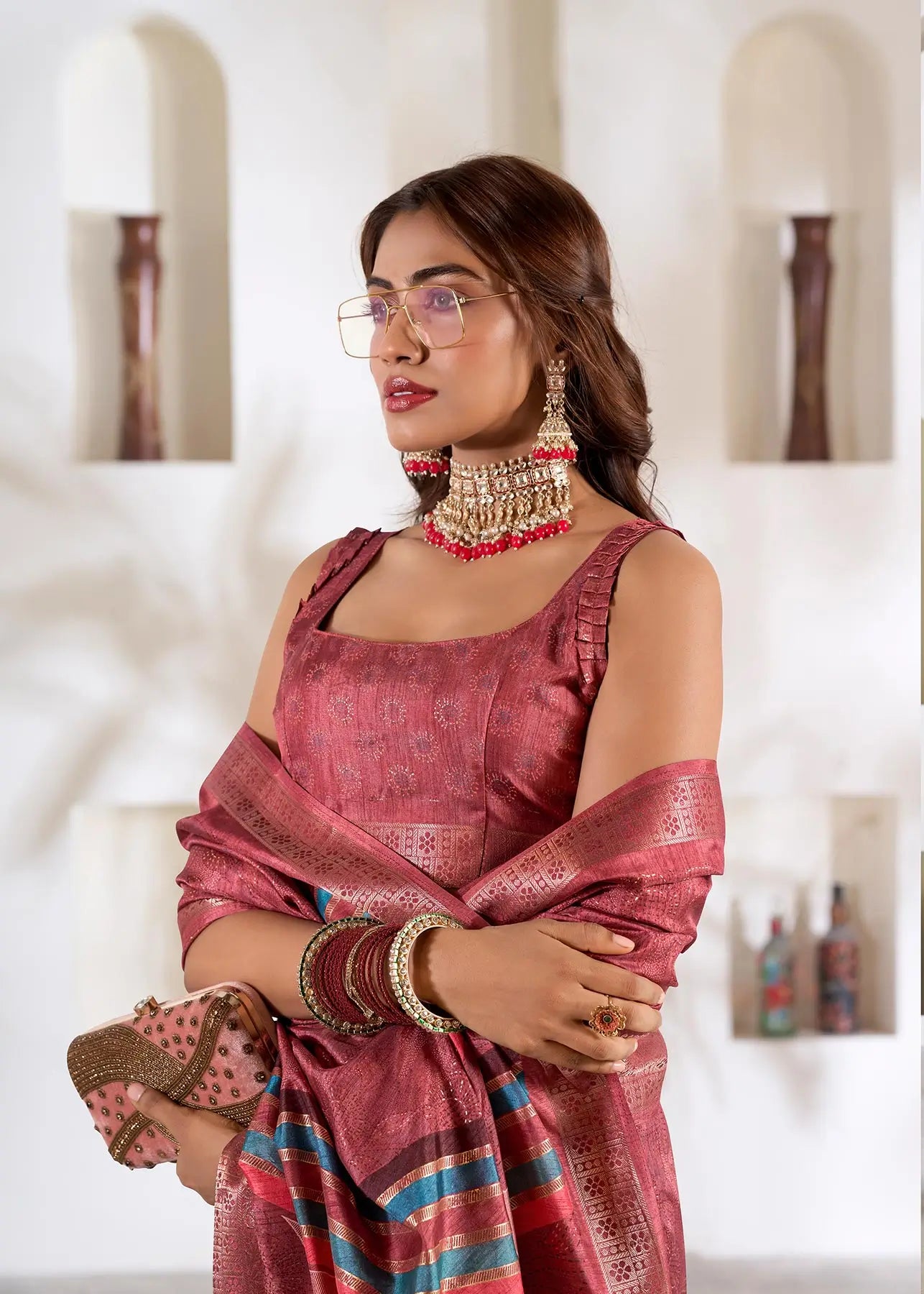 Peach  Silk Printed Saree with Fancy Zari Border