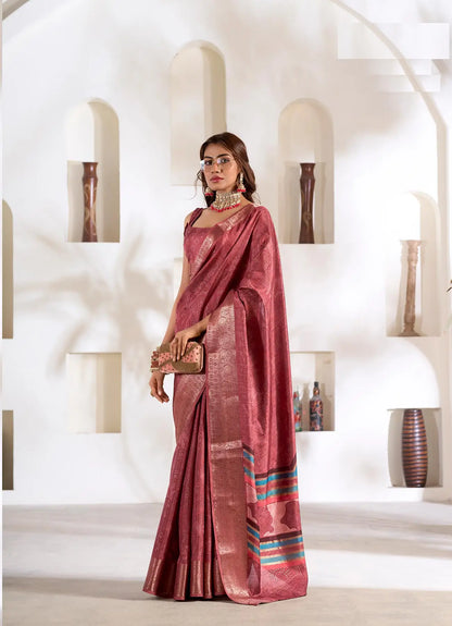 Peach  Silk Printed Saree with Fancy Zari Border