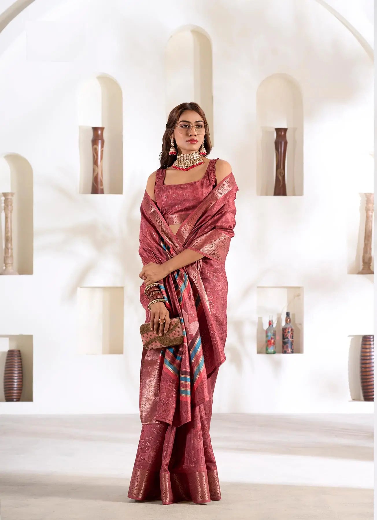 Peach  Silk Printed Saree with Fancy Zari Border