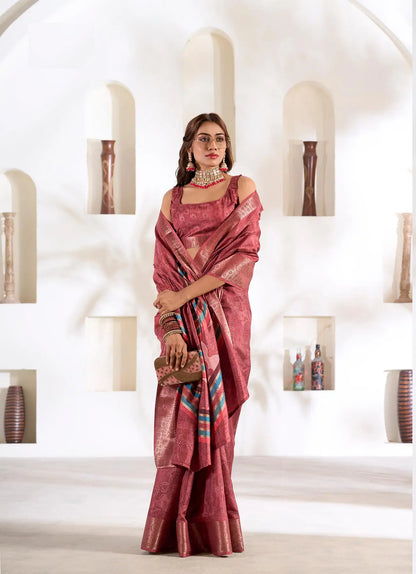 Peach  Silk Printed Saree with Fancy Zari Border