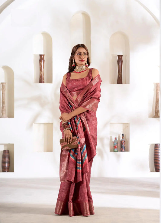 Peach  Silk Printed Saree with Fancy Zari Border