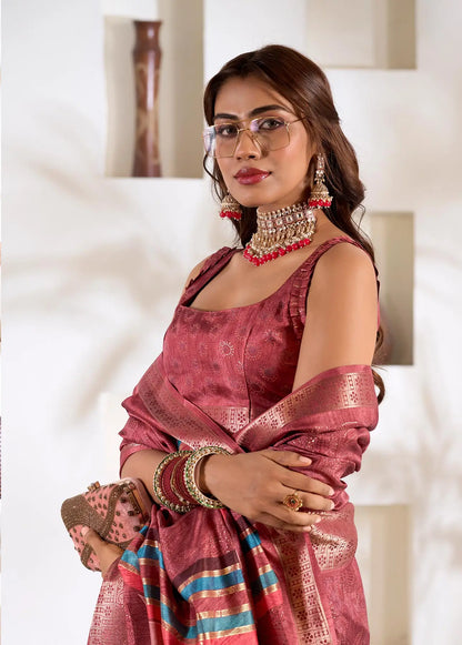 Peach  Silk Printed Saree with Fancy Zari Border