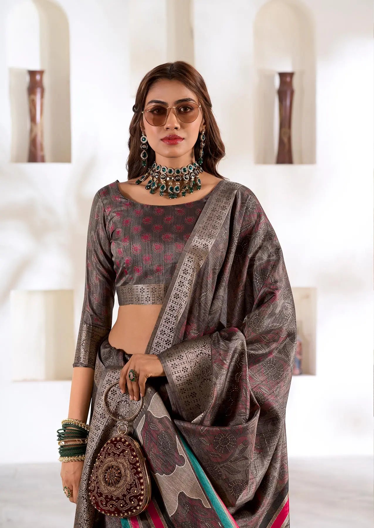 Dark Grey Dola Silk Printed Saree with Fancy Zari Border