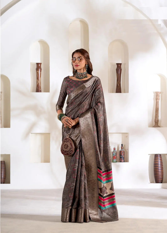 Dark Grey Dola Silk Printed Saree with Fancy Zari Border
