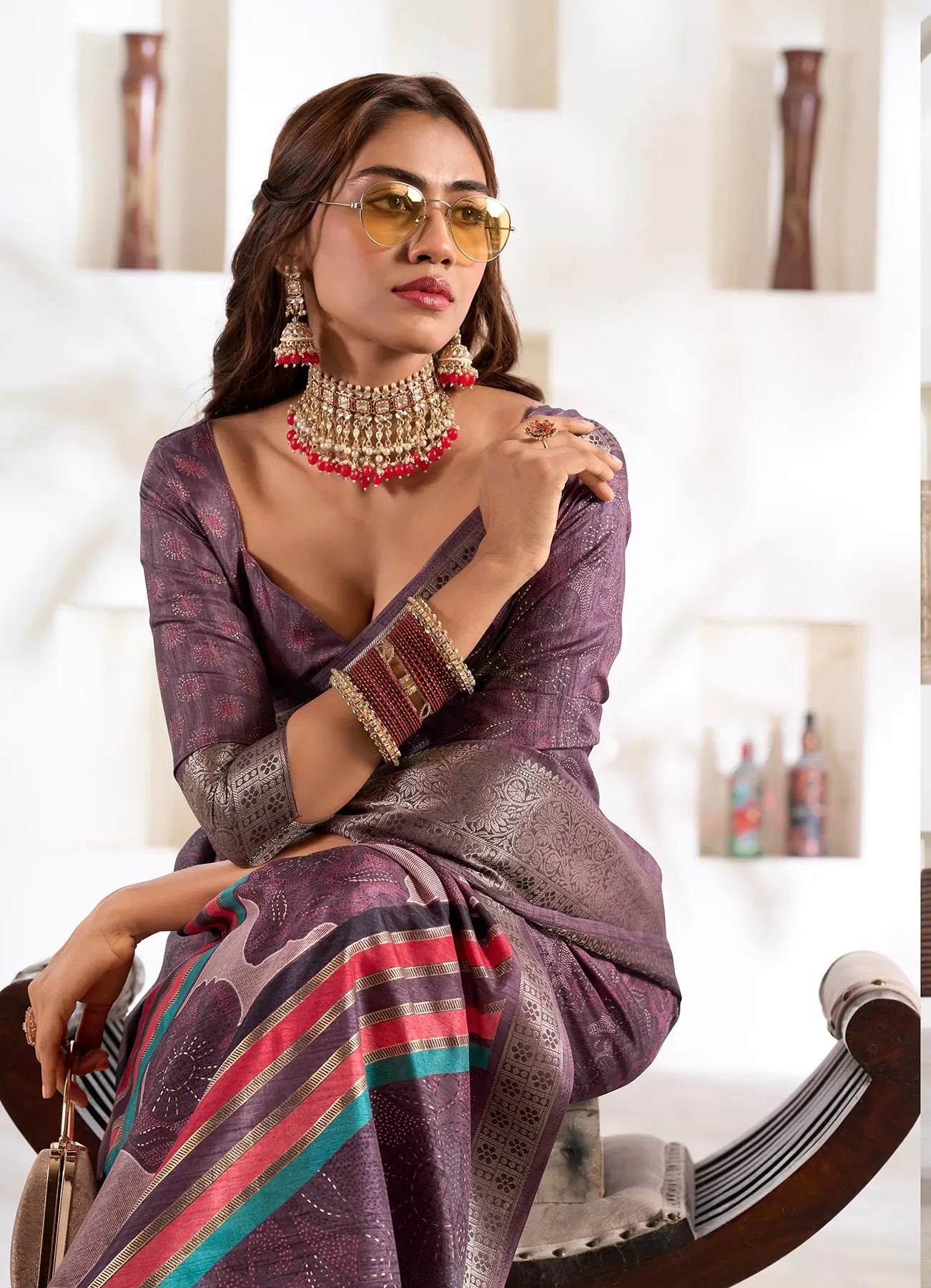 Wine Dola Silk Printed Saree with Fancy Zari Border