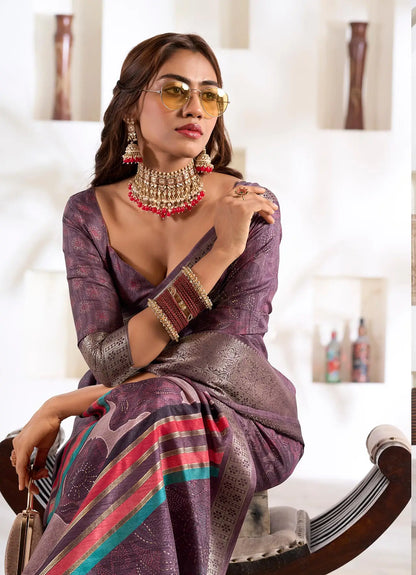 Wine Dola Silk Printed Saree with Fancy Zari Border