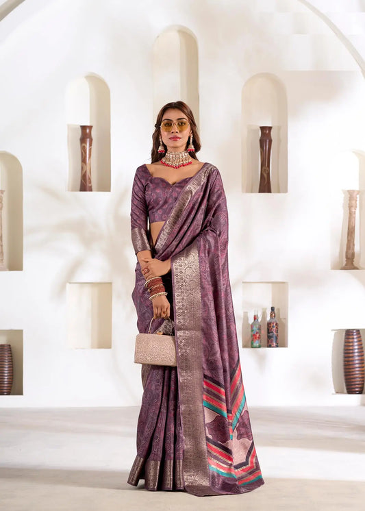 Wine Dola Silk Printed Saree with Fancy Zari Border