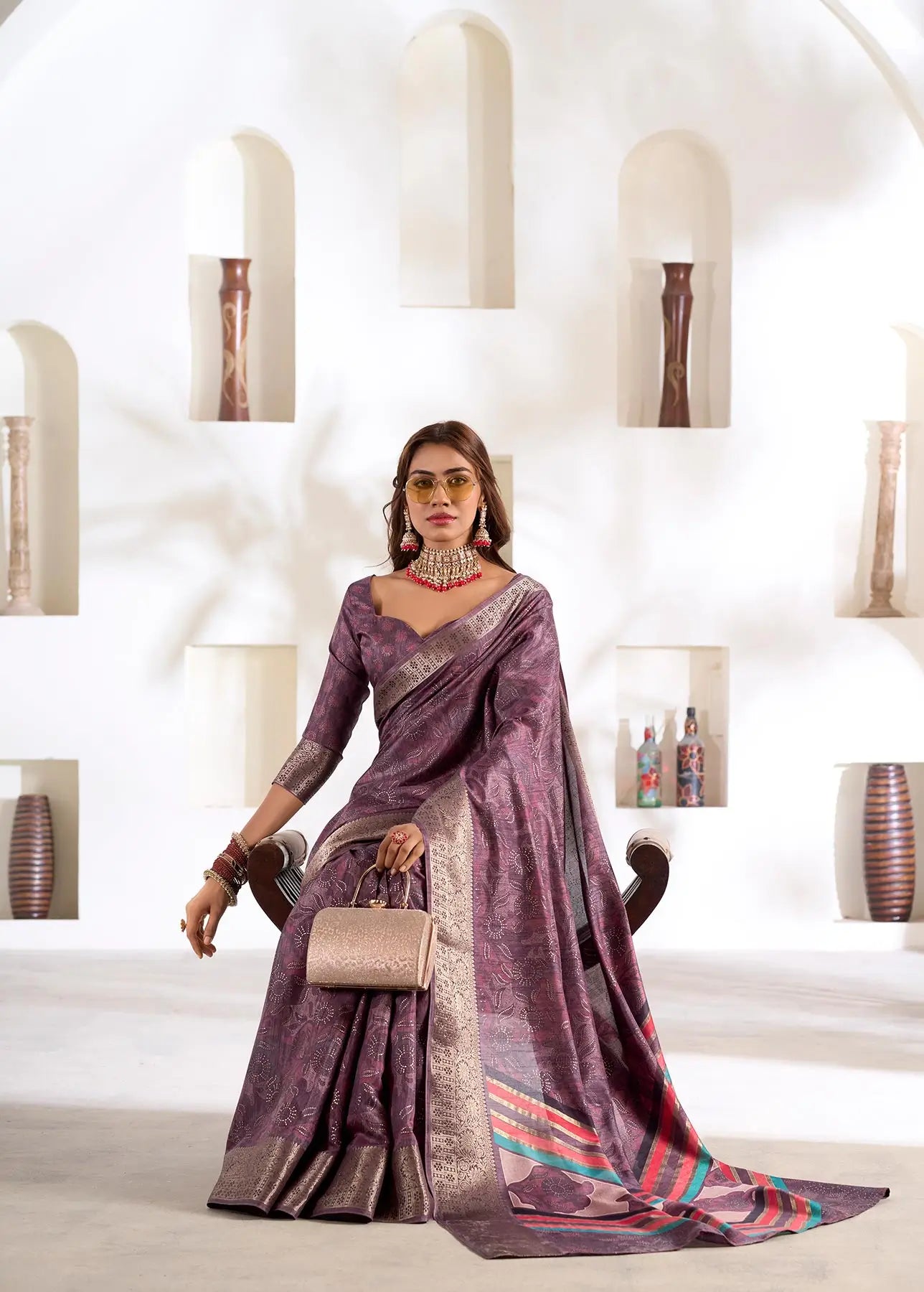 Wine Dola Silk Printed Saree with Fancy Zari Border
