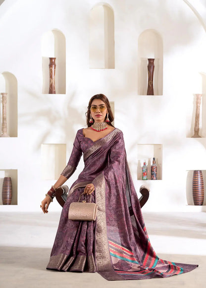 Wine Dola Silk Printed Saree with Fancy Zari Border