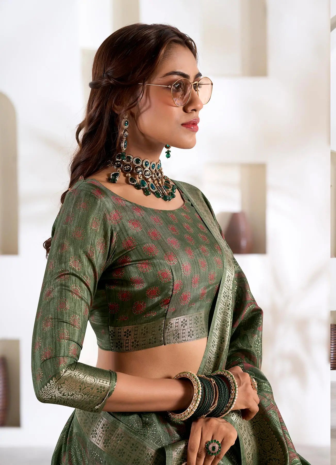 Green Dola Silk Printed Saree with Fancy Zari Border
