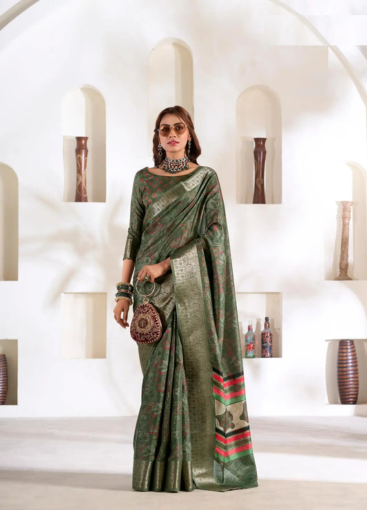Green Dola Silk Printed Saree with Fancy Zari Border