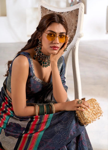 Dark Blue Dola Silk Printed Saree with Fancy Zari Border