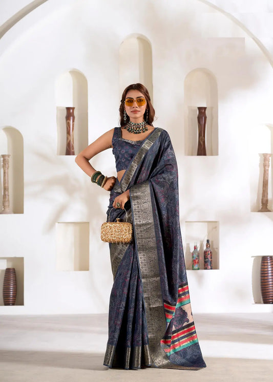 Dark Blue Dola Silk Printed Saree with Fancy Zari Border