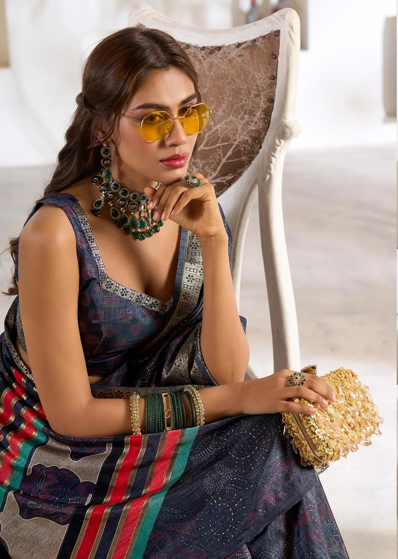 Dark Blue Dola Silk Printed Saree with Fancy Zari Border